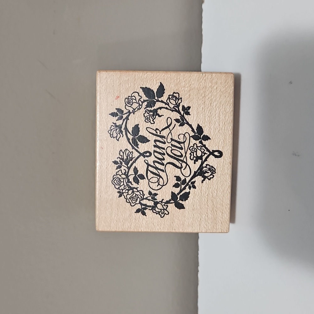 Vintage Thank You Heart Rose Vine Rubber Stamp